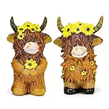 RANDGRITH 2-Pack Highland Cow Resin Spring Highland Cow Fairy Figurines with Flower Crown for Spring Home and Garden Decoration (Pink Flower and Sunflower Style) (Yellow)