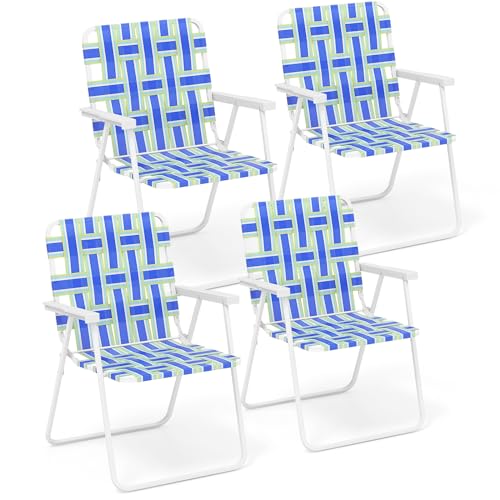 Image of Giantex 4-Pack Beach Chairs for Adults, Camping Chair with Steel Frame, Lightweight Folding Directors Chairs for Outdoor Webbing Patio, Fishing, Yard, Poolside Lawn Chairs Set of 4 (Blue)