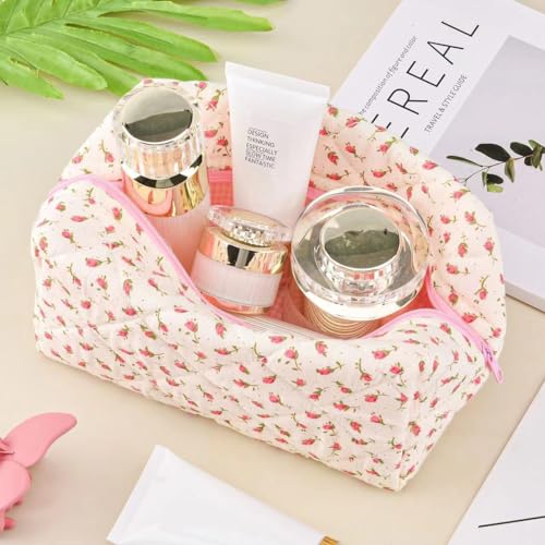 Floral Makeup Bag,Floral Quilted Makeup Bag,Large Cosmetic Bag,Fashionable Travel Makeup Pouch, Cute Pink Makeup Bag,Puffy Coquette Makeup Bag, Attractive Quilted Makeup Bag