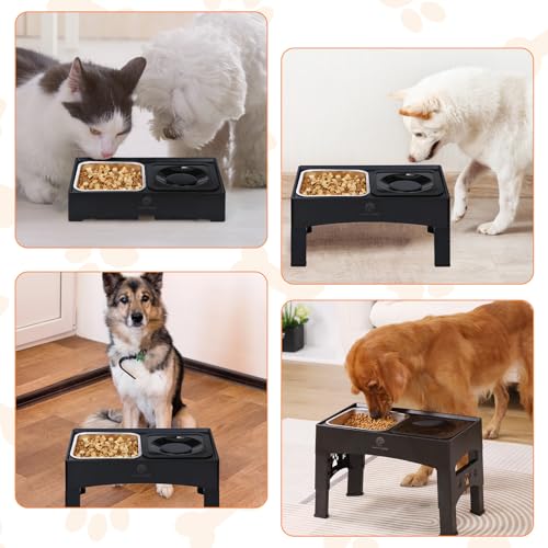 HAPPY HACHI Hundenapf Erhöht,Futterstation Langsamfütterer Wassernapf Ohne Sabbern mit 4 Höhenverstellbar Napfständer,Futterstation für Große Mittlere und Kleine Hunde (Schwarz-Silber)