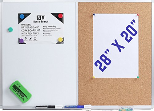 Dry Erase Cork Board Combo Set - 28 x 20 Magnetic White Board and Cork Bulletin Combination Board, Use as Vision, Message Board, Memo Board - 2 Dry Erase Markers, Eraser, Magnets, Push Pins - Thumbnail 2