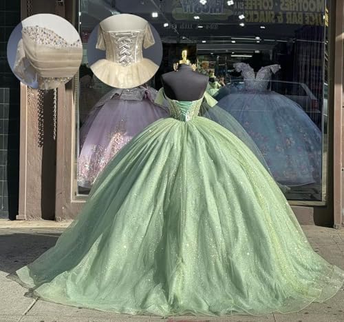 Youjiayi Glitter Tulle Quinceanera Dresses with Train Off Shoulder Beaded Sweet 16 Dresses Pleated Long Ball Gown for Women2