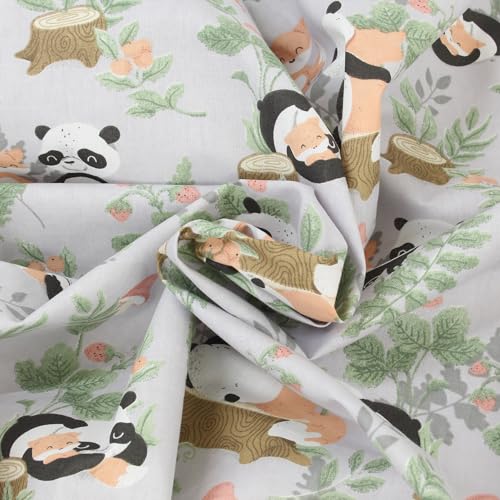 Kinderstoff Baumwolle Meterware 160 cm – Panda & Fuchs Wald Motiv auf Grau – Baumwollstoff schadstoffgeprüft – Stoff Tiere für Kinderbettwäsche, Kleidung & Deko