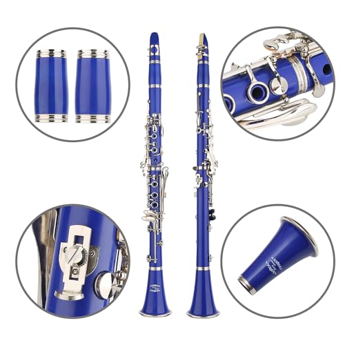 Image of Glory GLY-CLADBL Professional Ebonite Bb Clarinet with 10 Reeds, Stand, Hard Case, Cleaning Cloth, Mouthpiece Brush and Pad Brush,Dark Blue /Silver