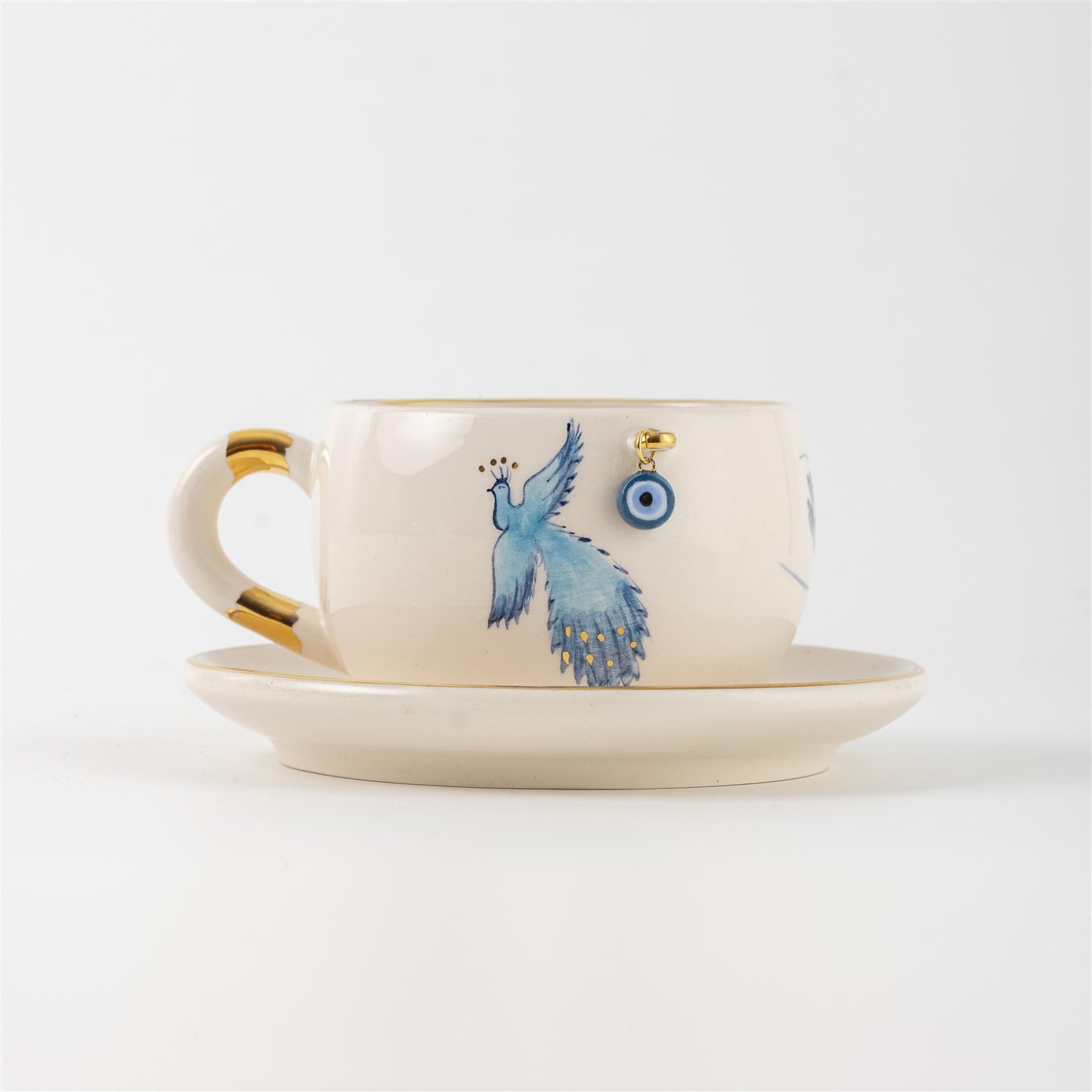 Handmade Ceramics Phoenix Tea Mug 230ml, Handcrafted Ceramic Tea Cup With Saucer, Blue Bird And Gold Accent Design, Hand-Painted Ceramic Set, Blue Bird And Gold Detailing Tea Milk Mug