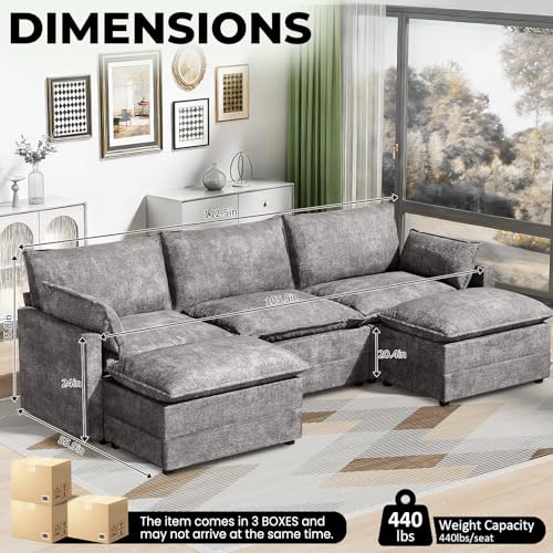 Image of LEVELEVE 112.5 inch U-Shape Modular Sofa with 2 Ottomans, Deep Seat Cloud Convertible Sleeper, 2 Arm Pillows, Cozy Upholstered Furniture for Living Room Apartment, Dark Grey