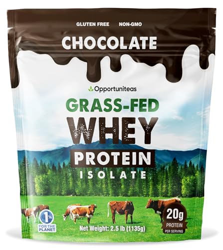 Opportuniteas Grass Fed Chocolate Whey Protein Isolate Powder - 20g Protein Powder Without Artificial Sweeteners, Hormone-Free Cows, Non GMO - 2.5lb