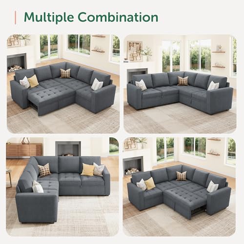 Image of HONBAY Modular Sectional Sofa with Pull Out Bed Convertible L Shaped Couch with Storage Seat Sleeper Sectional Couches for Living Room,Warm Bluish Grey