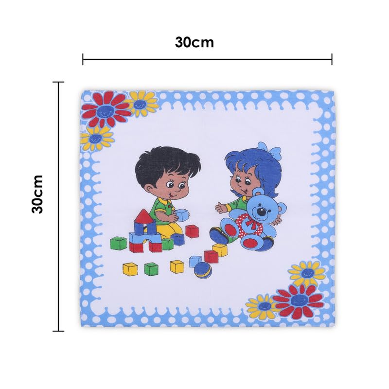 e kysa dailly premium cotton Handkerchief hanky collection for Kids/Children with an easy wash, Size 30 x 30 CM, Pack of 6, White background, Mix Color Prints 1