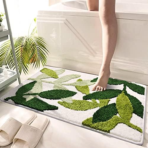 vizoe Bathroom Rugs Non Slip Bath Mat, Fluffy Microfiber Bath Mats Water Absorbent Green Bathroom Rug, Machine Washable Leaves Bath Rugs for Bathroom Floor Shower and Bathtub