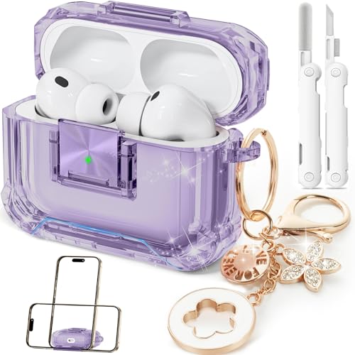 Image of for AirPods Pro 3 Case with Safety Lock,Clear Case Soft TPU Shock-Proof Protective Cover with Cute Bling Keychain and Cleaner kit for Women Girls-Clear Purple