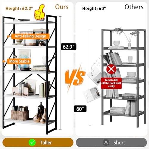 Shintenchi 5 Tiers Bookshelf, Classically Tall Bookcase Shelf,Industrial Book Rack,Modern Book Holder in Bedroom/Living Room/Office, Storage Rack Shelves for Books/Movies,11.8" Dx23.6 Wx62.2 H,White