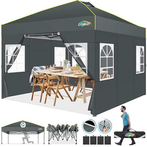 COBIZI 10x10 Pop up Canopy Tent with Sidewalls One Person Setup, Easy Outdoor Commercial Event Gazebo Shelter Enclosed Waterproof with Air Vent, 4 Sandbags for Garden,Party,Grey