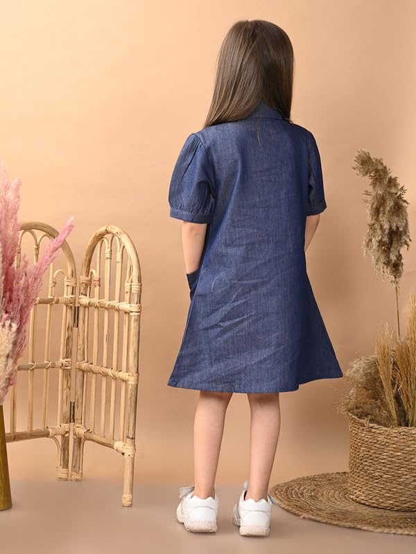 Image of superminis Girls Denim Solid Color Half Sleeves Dress with Embroidered Pocket (1 Dress)