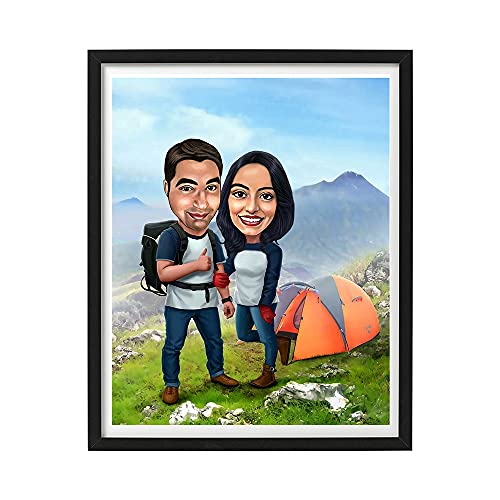 Image of DK Decors Personalized Caricature Photo Frame Custom Cartoon Portrait from Photo, Vacation Trekking Gift for Couple, Husband & Wife (8x10 Inch)