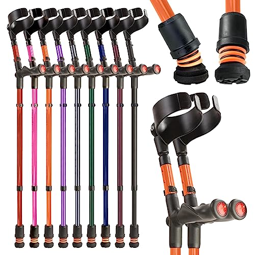 Flexyfoot Shock Absorbing Comfy Grip Double Adjustable Crutches – Range of Colours Available Here - Improves Safety, Improves Grip, Reduces Shocks & Jarring – Pair - Orange