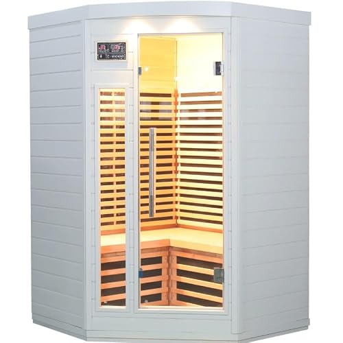 SNÖ Sauna d'angle Infrarouge 3 Places 2150W | Hemlock Canadien Blanc, Panneaux Carbone, Bluetooth/MP3 | Porte et Fenêtre en Verre Sécurisé, Ionisateur, Luminothérapie LED
