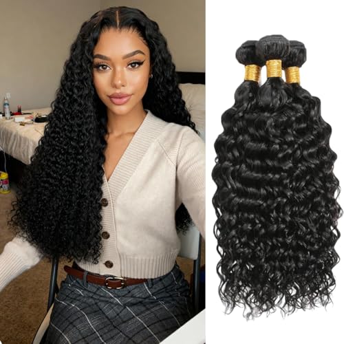 70g/bundles Human Hair Bundles 16 18 20 Inch Water Wave Human Hair Bundles 100% Unprocessed Brazilian Virgin Hair 12A Curly Bundles 3 Bundles for Women Wet and Wave Hair Extensions Natural Black Color