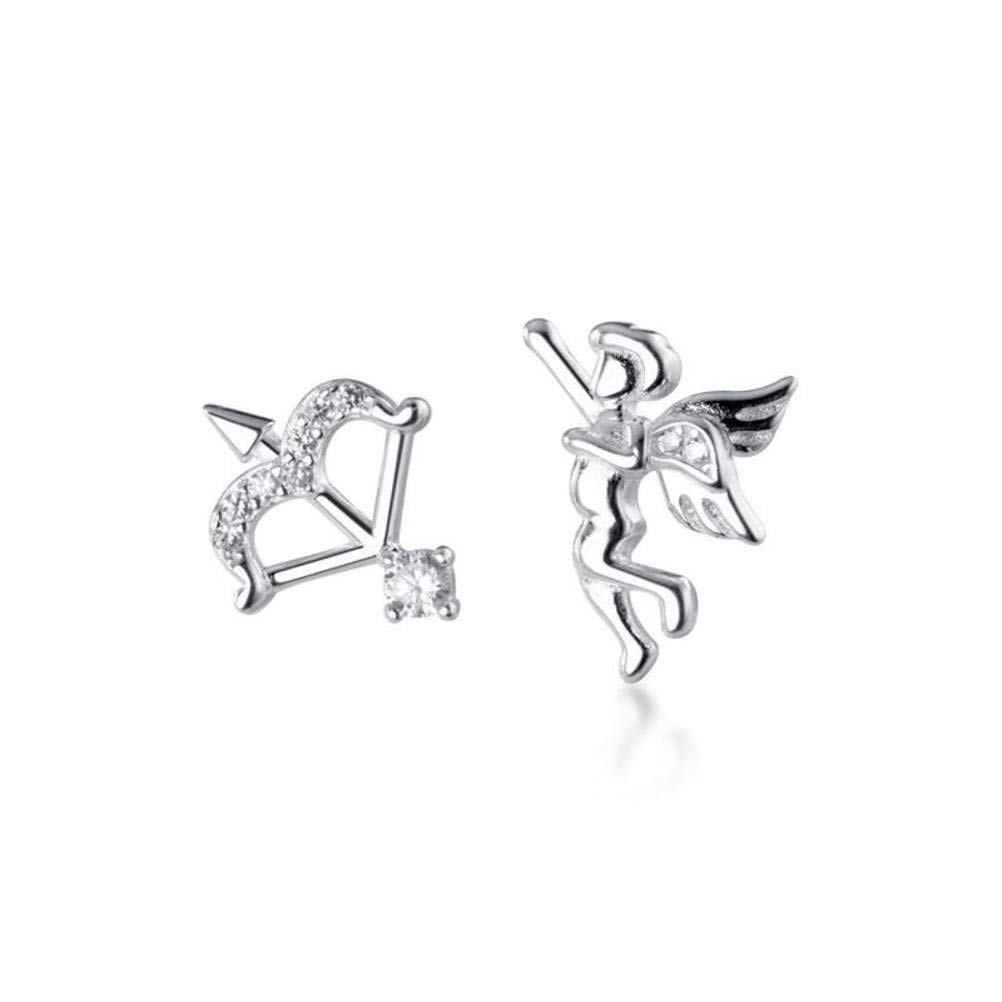 RWRAPS Ohrringe für Damen, S925 Silber Ohrringe Damen Asymmetrische Amor Engel Diamant Pfeil und Bogen Ohrringe Roségold