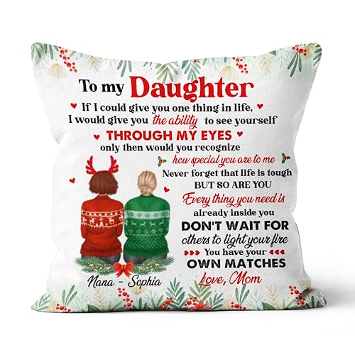Personalized Square Pillow for Girls from Mother Gifts for Daughter Christmas Cute Mom and Daughter Sitting Custom Name Double Sided Sofa Couch Cushion On Birthday Graduation Valentines