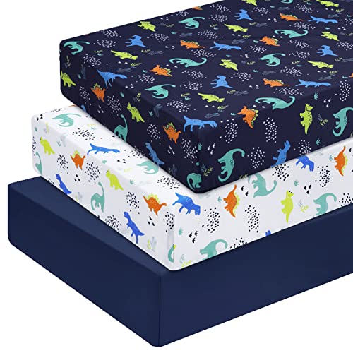 PHF 3 Pack Soft Dinosaur Crib Sheets Fitted, Comfy Breathable Baby Sheets for Boys Girls, 28x52 Inches Fits Standard Crib and Toddler Mattresses, Navy...