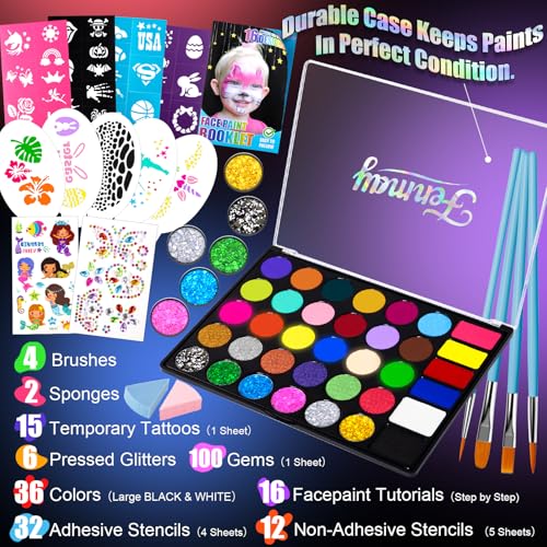 Image of Face Painting Kit for Kids, 36 Colors XL Face Paint Makeup Palette, Non-Toxic and Hypoallergenic| with Stencils, Book, Easy to Use and Safe for Kids, Fun for Halloween, Party, School Event