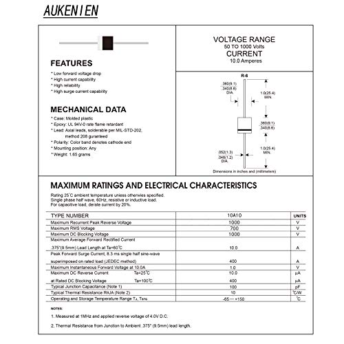 AUKENIEN 20 Stück 10A10 Gleichrichterdiode 10A 1000V R-6 Axial Gleichrichter Dioden 10 Ampere 1000 Volt Elektronische Silikondioden
