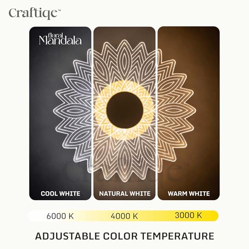 Image of Floral Mandala Acrylic Wall Light 8.5 x 8.5 Inch | Modern Decorative LED Wall Art | 6mm Clear Acrylic | 3-in-1 Mood Lighting | Home, Living Room & Bedroom Decor