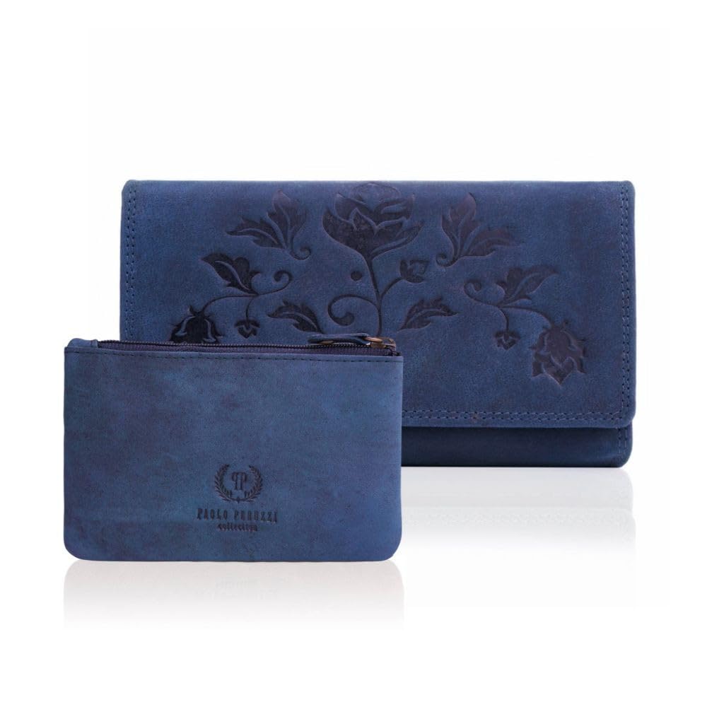 Geschenkset für sie Damen Leder Geldbörse mit Blumenmuster und Schlüsseletui Paolo Peruzzi ZUP-37 (Dunkelblau)