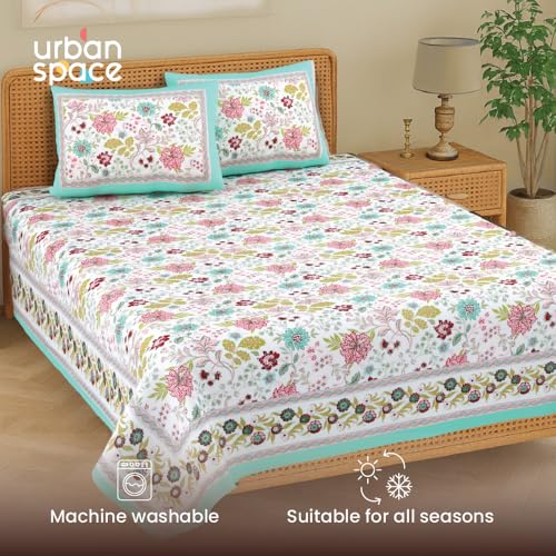 Image of Urban Space 100% Cotton Jaipuri Handblock Printed Double Bedsheet with 2 Pillow Covers, 200 TC Cotton Bedsheet (Size 90 x 100 inches, Anokhi)