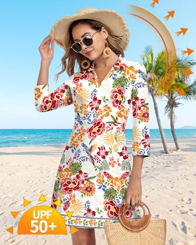 Image of WOWENY 3 /4 Sleeve Dress for Women with Pockets V Neck UPF 50+ Casual Sun Dress Breathable Quick Dry Beach Vacation