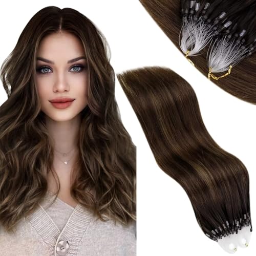 Vivien Micro Hair Extensions Real Human Hair Brown Balayage Micro Beads Hair Extensions Darkest Brown to Light Brown with Medium Brown Micro Ring Human Hair Extensions Cold Fusion 50g 50s #2/8/2 16in