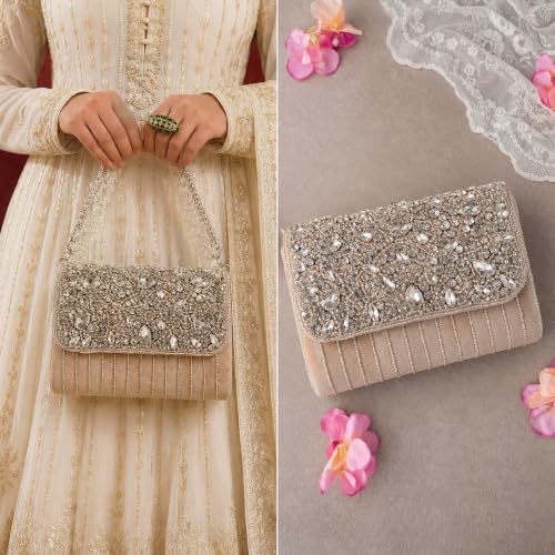Image of THE TAN CLAN Grace Beige Flap Over Clutches for women Bag for Women- Elegant Evening Handbag, Stylish Purse, Perfect for Parties, and Special Occasions