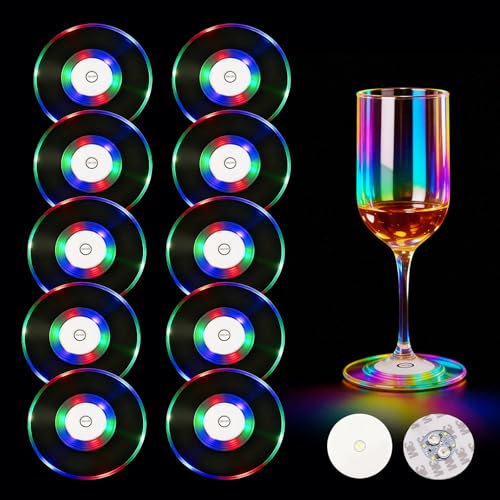10St Led Untersetzer 7 Lichtmodi Bunt LED Untersetzer Acryl Rund wasserdichte Leuchtuntersetzer Getränke Untersetze Taste Getränke Led-Untersetze für Gläser Flaschen Party Bar Hochzeiten Geburtstag