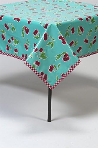 Cherry Aqua Oilcloth Tablecloth with Red Gingham Trim You Pick The Size