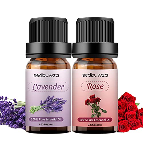 Pure Rose and Lavender Essential Oil Set for Diffuser, Aromatherapy Lavender Essential Oil for Candle Making, Organic Rose + Lavender Oils Set for Humidifier, Pure Rose Oil for Soap Making - 2 x 10ml