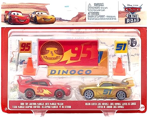 Disney Cars 2022 Fan-Favorite 2-Pack with Race Team Flags and Signs: (Road Trip Lightning McQueen and Racing Center Cruz Ramirez Dinoco RS on The Road 95)