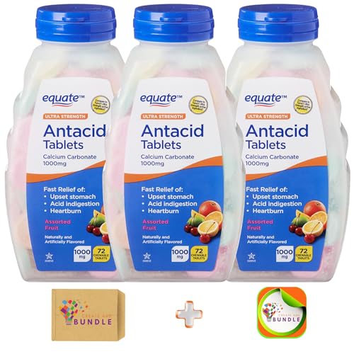 Equate Ultra Strength Antacid Chewable Fruit Tablets, Over The Counter, 1000 mg, 72 Ct (Pack of 3) Total 216 Count + Createandbundle Sticker