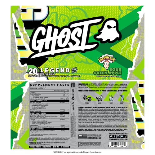 Ghost Legend Pre-Workout Powder, Legend All Out, Warheads Sour Green Apple - 20 Servings - Preworkout Supplement For Men & Women - Caffeine, L-Citrulline, & Beta Alanine Blend - Sugar-Free #TOP6