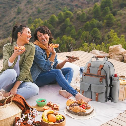 Picknick-Rucksack für 4 Personen mit Kühlfach und Weinhalter, Fleecedecke, Besteck-Set, für Camping, Strand, Tagesreisen, Wandern, Zubehör, Zubehör (Hellgrau)