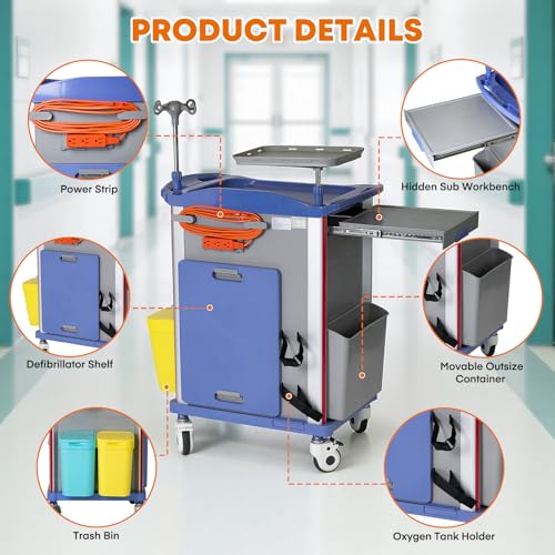 Image of 5-Tier Medical Cart with Wheels, Hospital Emergency Rolling Crash Carts with Adjustable IV Pole, Cardiac Board, O2 Holder, Power Strip, Trash Bin - Ideal Nursing Cart for Clinics, Hospitals