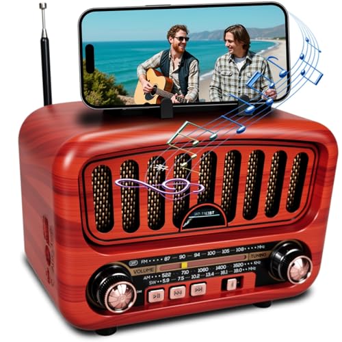 Radio Portatil Pequeña, Am/FM/SW Transistores Radio Pequeños 5W Altavoz Grande y Bluetooth 5.0, Altavoz Vintage Bluetooth Soporta Función USB/TF/AUX (Rojo)