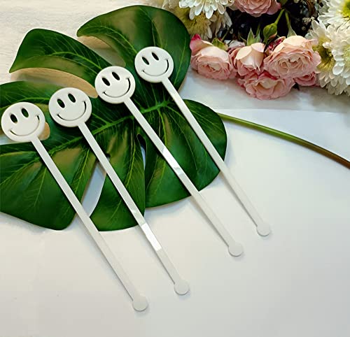 Lot de 20 bâtonnets mélangeurs en acrylique avec visage souriant - Pour décoration de fête d'anniversaire, décoration de table (blanc)