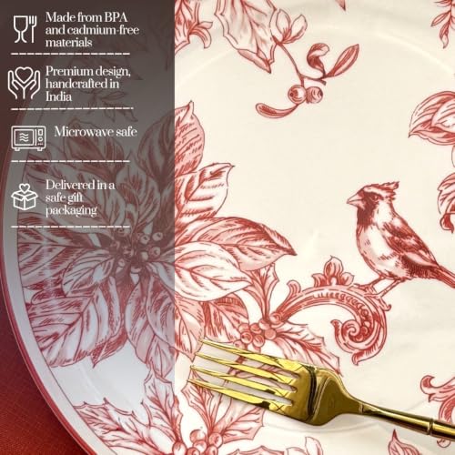Image of GOLDEN QUEEN'S Handcrafted Dinner Plates: Set of 2 | Perfect for Hosting and Daily Meals | Microwave Safe Plates | 10.5 inch | Serves 2 - Crimson Garden Plates