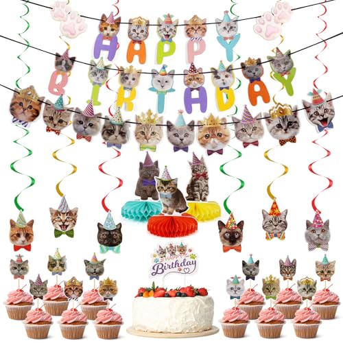 27Pcs Cat Birthday Party Decoration Supplies,Cat Themed Party Supplies Include Kitten Party Birthday Banner Hanging Swirls & Honeycomb Centerpieces & Cake Cupcake Toppers for Cat Faces for Pet Kid