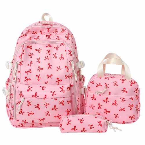 Conjunto Mochila FASDRESS Coquette Bow Kawaii com lancheira e estojo (rosa)