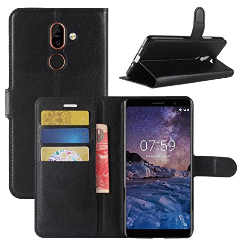 Nokia 7 Plus Case, Fettion Premium PU Leather Wallet Flip Phone Protective Case Cover with Card Slots and Magnetic Closure for Nokia 7 Plus Smartphone (Black)