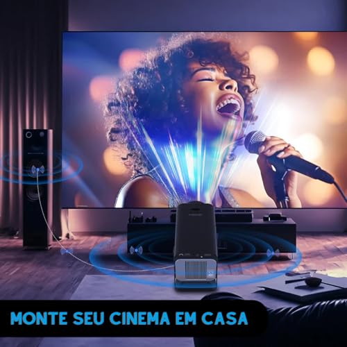 Projetor Mini 4K Portátil Smart Android HD Wifi Bluetooth LED 1080p Full TV 110V/220V com HDMI 12,000 Lumens Led com 4D/4P e Auto de Correccao, 180° Giratorio, Zoom Eletronico