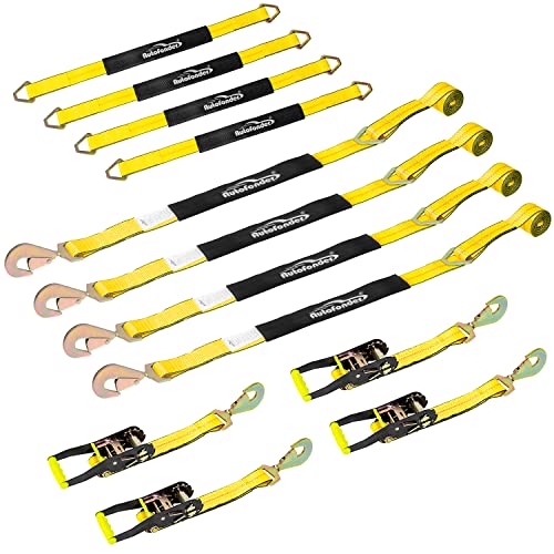 Autofonder 4 Pack 2” Heavy Duty Car Ratchet Tie Down Kit With Snap Hooks-Break Strength 10,000Lbs-Working Load 3,333Lbs-Includes 36” Axle Straps With D-Ring(Yellow) #TOP7