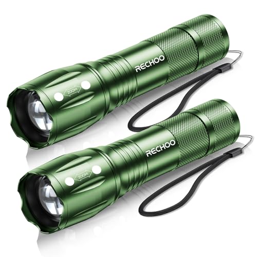 RECHOO LED Flashlight 2 Pack Green Tactical Flashlights High Lumens with 3 Modes Pocket Small Flash Light Waterproof Zoomable Flashlights for Home Emergency Camping Essentials (Battery Included)